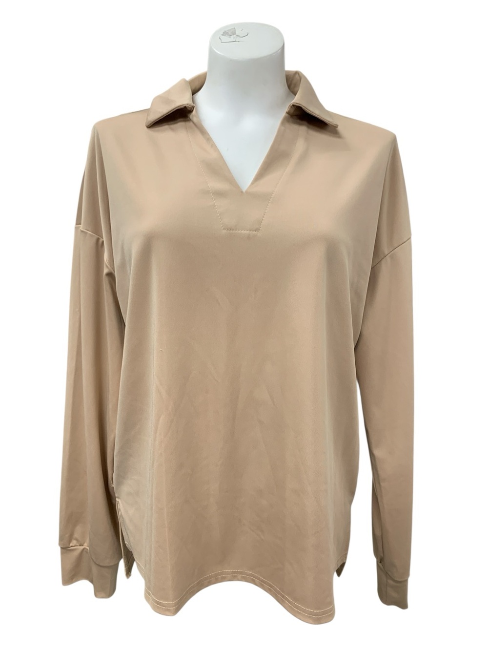 Relaxed Polo-Style Tunic Sweatshirt in Beige